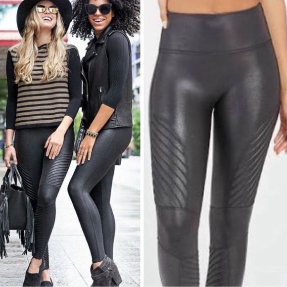 Spanx Faux Black Leather Moto Leggings, Small Petite - Picture 1 of 8